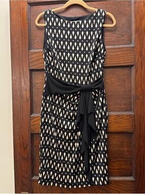 Joseph Ribkoff Black and Cream Sleeveless Sheath Dress with Draped Sash